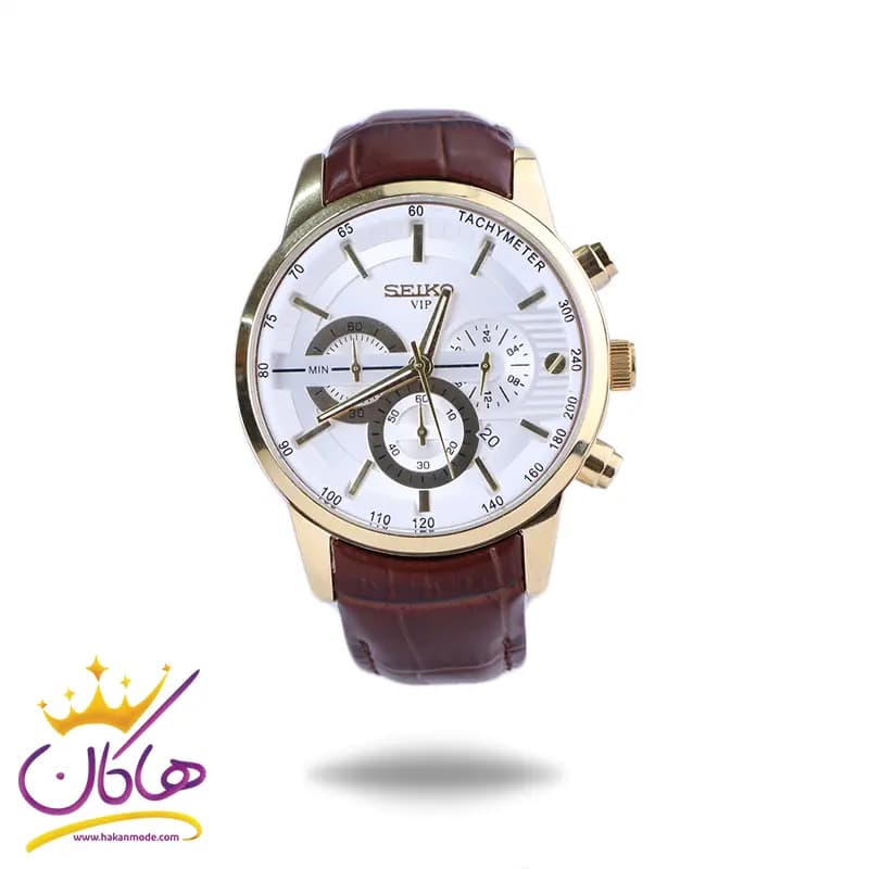 ساعت مچی سیکو مردانه چرم قاب طلایی کرنوگراف G9233/1