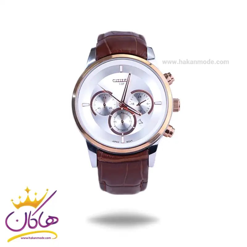 ساعت سیتیزن مردانه بند چرم قهوه ای قاب رزگلد کرنوگراف G8111/7