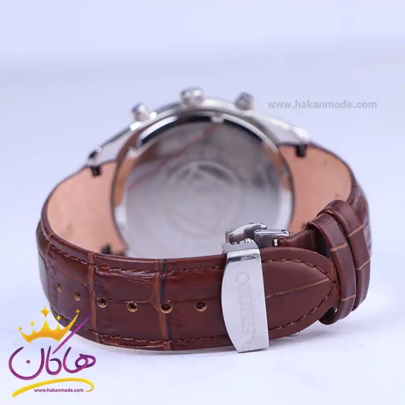ساعت سیکو مردانه بند چرم قهوه ای قاب نقره ای کرنوگراف G9121/1 — تصویر ۳