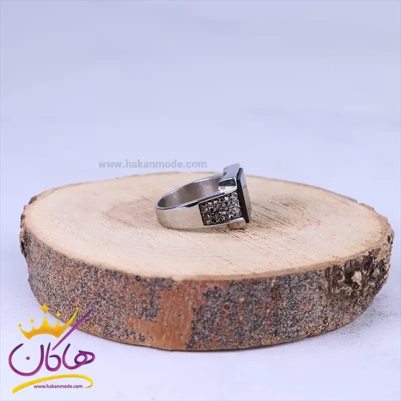 انگشتر استیل مردانه نقره ای سنگ مشکی st36458 — تصویر ۲
