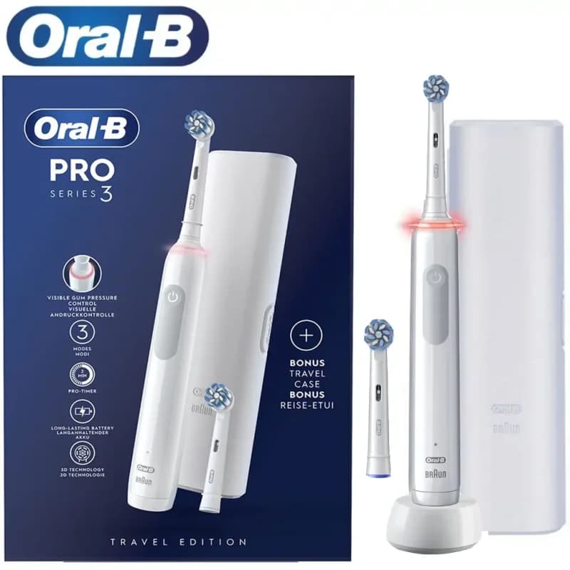 مسواک برقی اورال بی مدل ORAL B Pro 3 Pure( دندان حساس)سنسور فشار لثه .آلمانی (به همراه کیس مسواک برقی) سفید رنگ + یدک اضافه