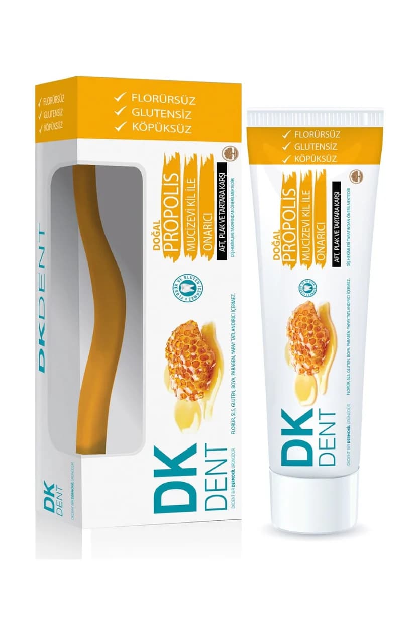 خمیر دندان درموکیل بدون فلوراید با طمع پروپولیس DK dent propolis (75میل) به همراه مسواک رایگان