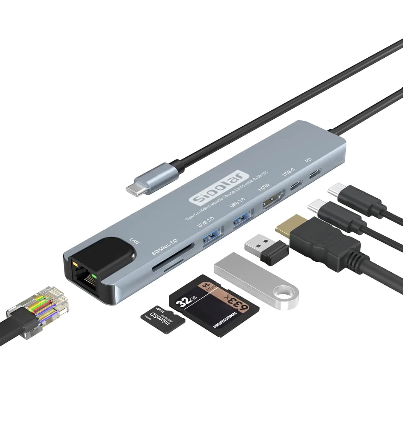 هاب سیپولار ۸ در ۱ مدل 8in1 SP-HU879 دارای پورتهای PD ,USB Type-C ,USB 3.0 ,USB 2.0 ,HDMI شبکه RG45 و کارتخوانهای SD و TF با قابلیت اتصال آداپتور — تصویر ۲
