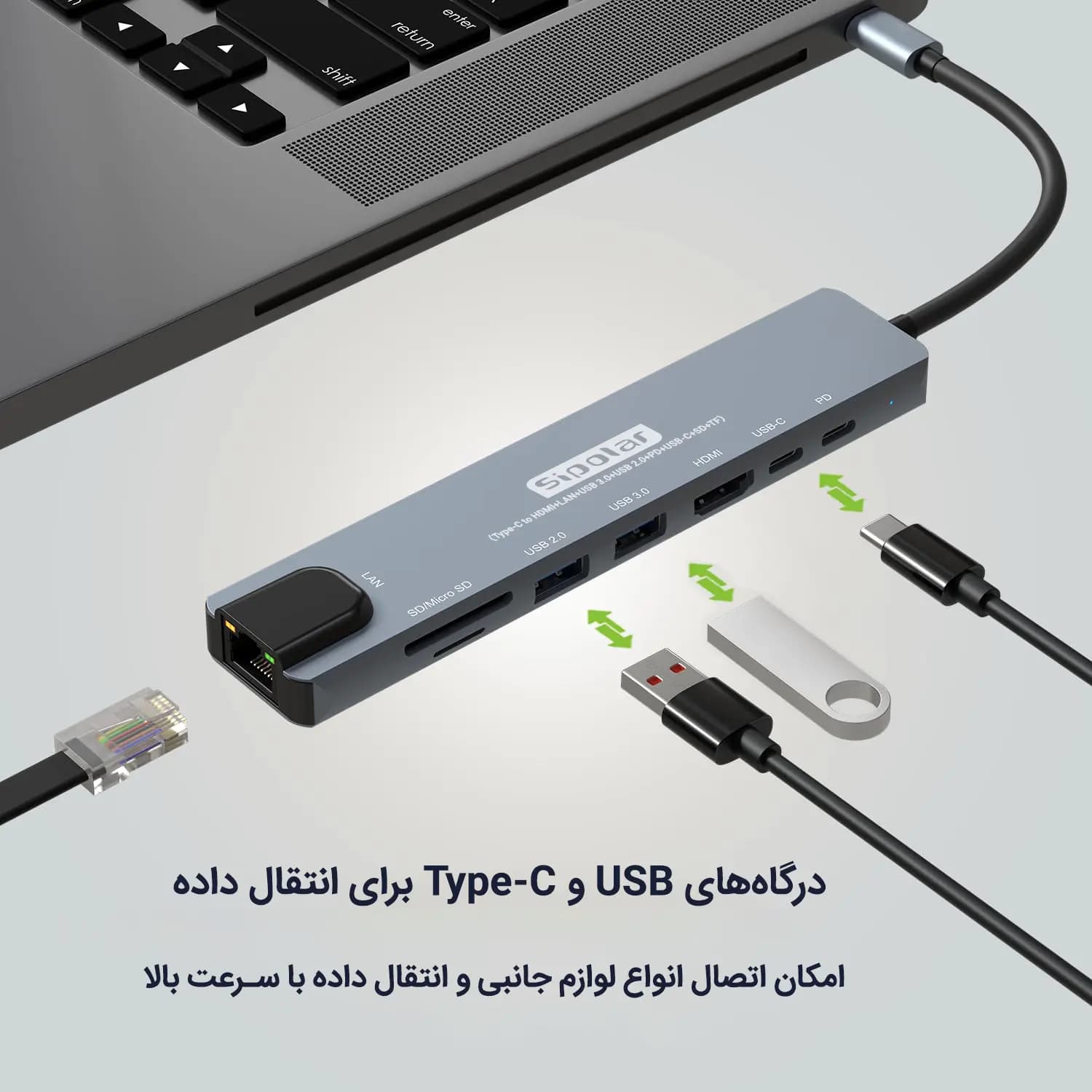 هاب سیپولار ۸ در ۱ مدل 8in1 SP-HU879 دارای پورتهای PD ,USB Type-C ,USB 3.0 ,USB 2.0 ,HDMI شبکه RG45 و کارتخوانهای SD و TF با قابلیت اتصال آداپتور — تصویر ۸