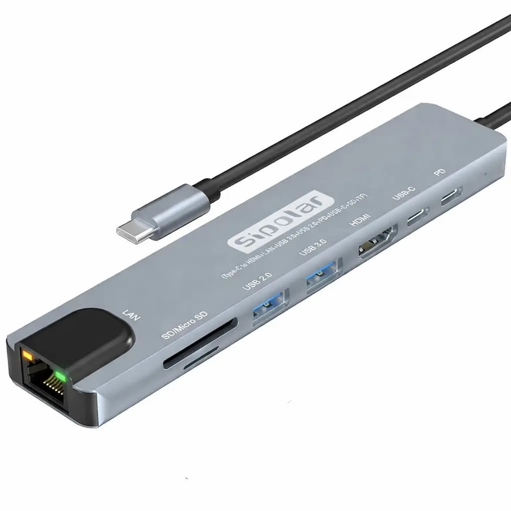 هاب سیپولار ۸ در ۱ مدل 8in1 SP-HU879 دارای پورت‌های‌ PD ,USB Type-C ,USB 3.0‌ ,USB 2.0‌ ,HDMI شبکه RG45 و کارت‌خوان‌های SD و TF با قابلیت اتصال آداپتور
