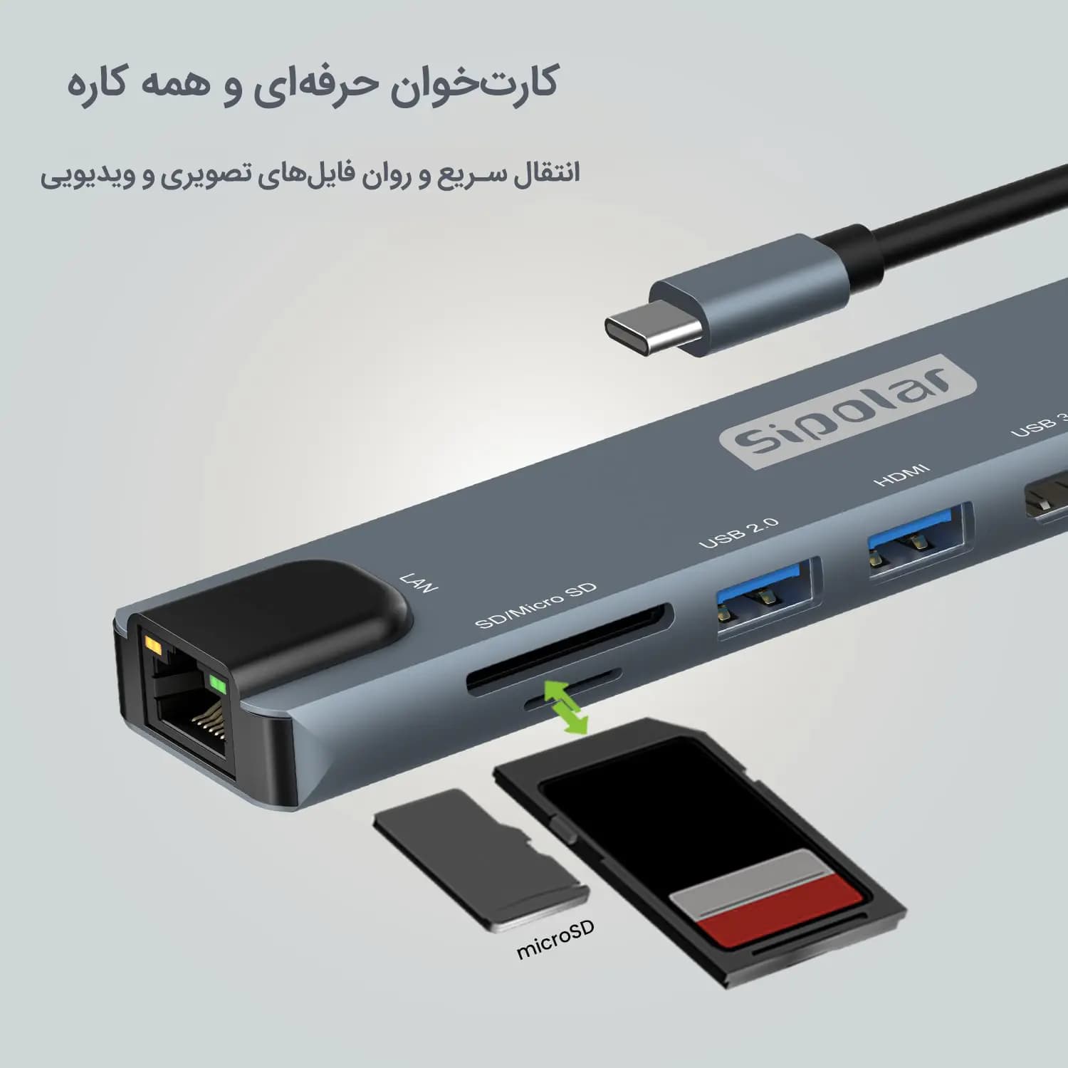 هاب سیپولار ۸ در ۱ مدل 8in1 SP-HU879 دارای پورتهای PD ,USB Type-C ,USB 3.0 ,USB 2.0 ,HDMI شبکه RG45 و کارتخوانهای SD و TF با قابلیت اتصال آداپتور — تصویر ۴