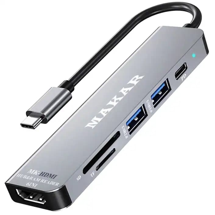 هاب ۶ کاره USB-C ماکار مدل MK-HDMI؛ مبدل حرفه‌ای لپ‌تاپ و موبایل با HDMI، PD و رم‌ ریدر