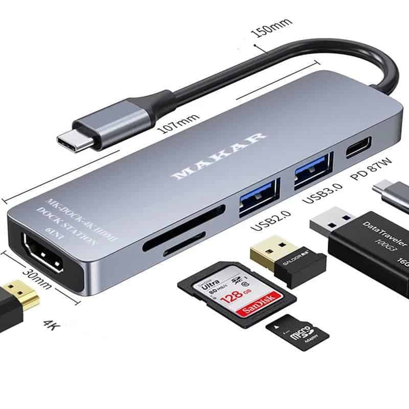 هاب داک استیشن 6 پورت ماکار مدل MK-DOCK-4K HDMI با خروجی HDMI و PD