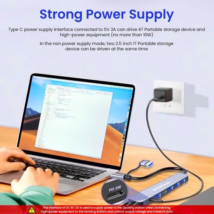 هاب دو‌سر USB و Type-c ماکار مدل 7in1 MK-HU243 دارای پورت‌های‌USB Type-C ,USB 3.0‌و USB 2.0‌و کارت‌خوان‌های SD و TF با قابلیت اتصال آداپتور PD 5W — تصویر ۶