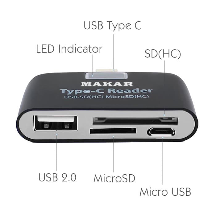 رم ریدر و کارت‌خوان همه کاره تایپ C ماکار مدل M6in1 پشتیبانی از USB 3.1 با سرعت 10Gbps با قابلیت خواندن انواع مموری — تصویر ۸