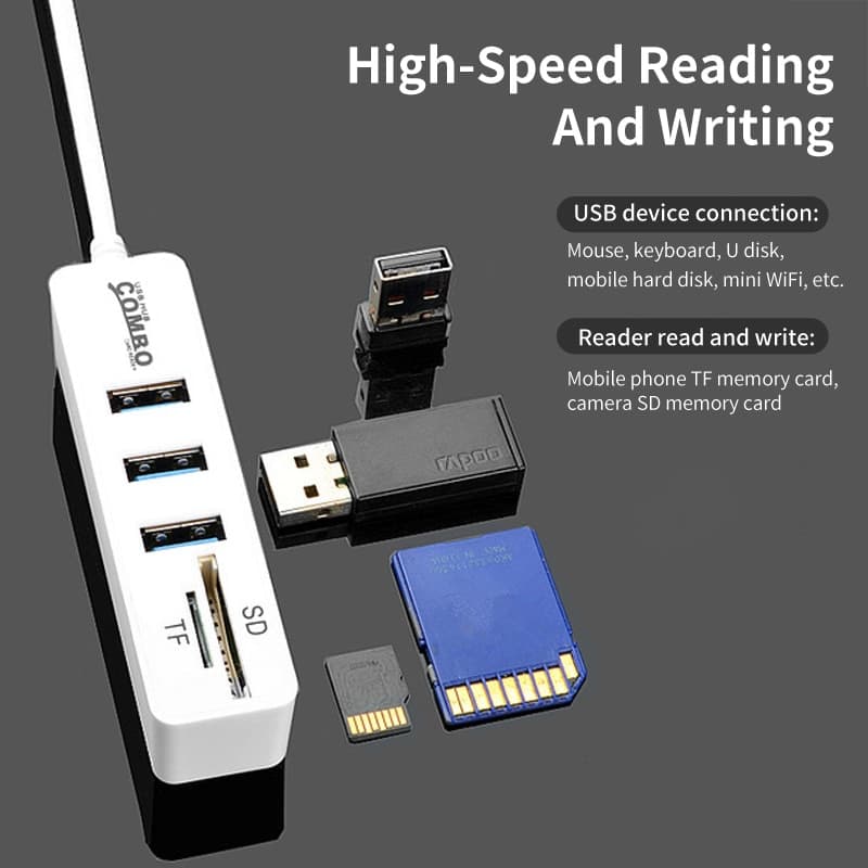 هاب COMBO و رم ریدر 5 پورت کمبو جنیون مدل 480Mbps سه پورت USB2.0 و پشتیبانی از SD Card ، (Micro SD)TF Card — تصویر ۸