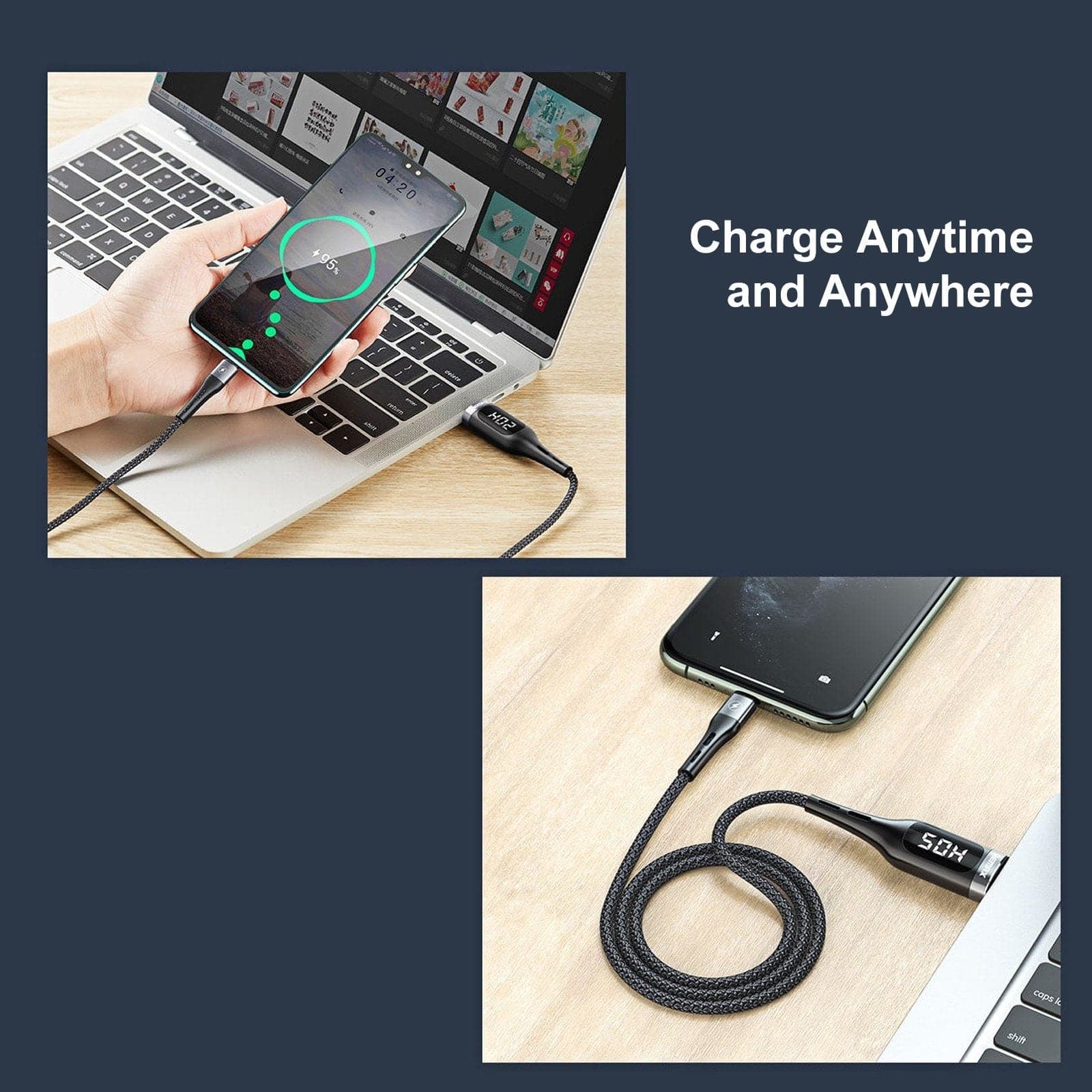 کابل هوشمند دیتا و فست شارژ نمایشگر دار USB به Type C ريمكس مدل RC-096a نمایش میزان آمپر/ولتاژ و قابلیت تنظیم مدت زمان شارژ جهت جلوگیری از شارژ بیش از حد گوشی، پوشش بیرونی بافته شده متراکم و مستحکم طو — تصویر ۵