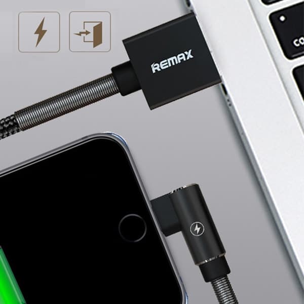 کابل 2.4 آمپر دیتا و فست شارژ کج USB به لایتنینگ ریمکس مدل RC 119i – Ranger-90Degree مناسب برای محصولات اپل دو سر فنری و تقویت شده با بافت کنفی بافته شده با سری آلومینیومی 90 درجه و طول 1 متر — تصویر ۳