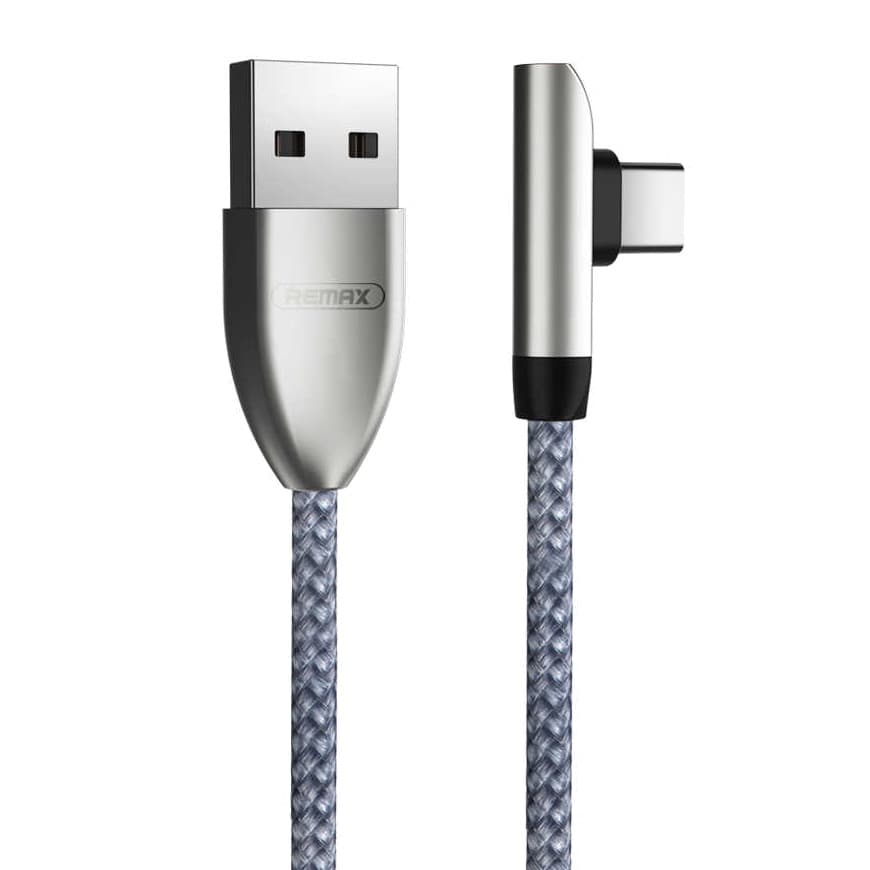 کابل دیتای خمیده و فست شارژ USB-C ریمکس با شدت جریان 2.4 آمپر مدل 90Degree RC-103a دارای LED نوری، پوشش بیرونی کنفی بافته شده و تقویت شده ضد گره طول 1 متر — تصویر ۲