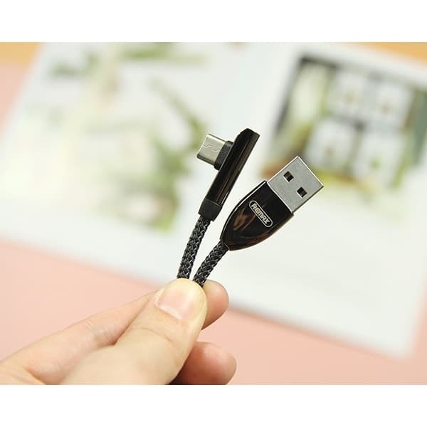 کابل دیتای خمیده و فست شارژ USB-C ریمکس با شدت جریان 2.4 آمپر مدل 90Degree RC-103a دارای LED نوری، پوشش بیرونی کنفی بافته شده و تقویت شده ضد گره طول 1 متر — تصویر ۸