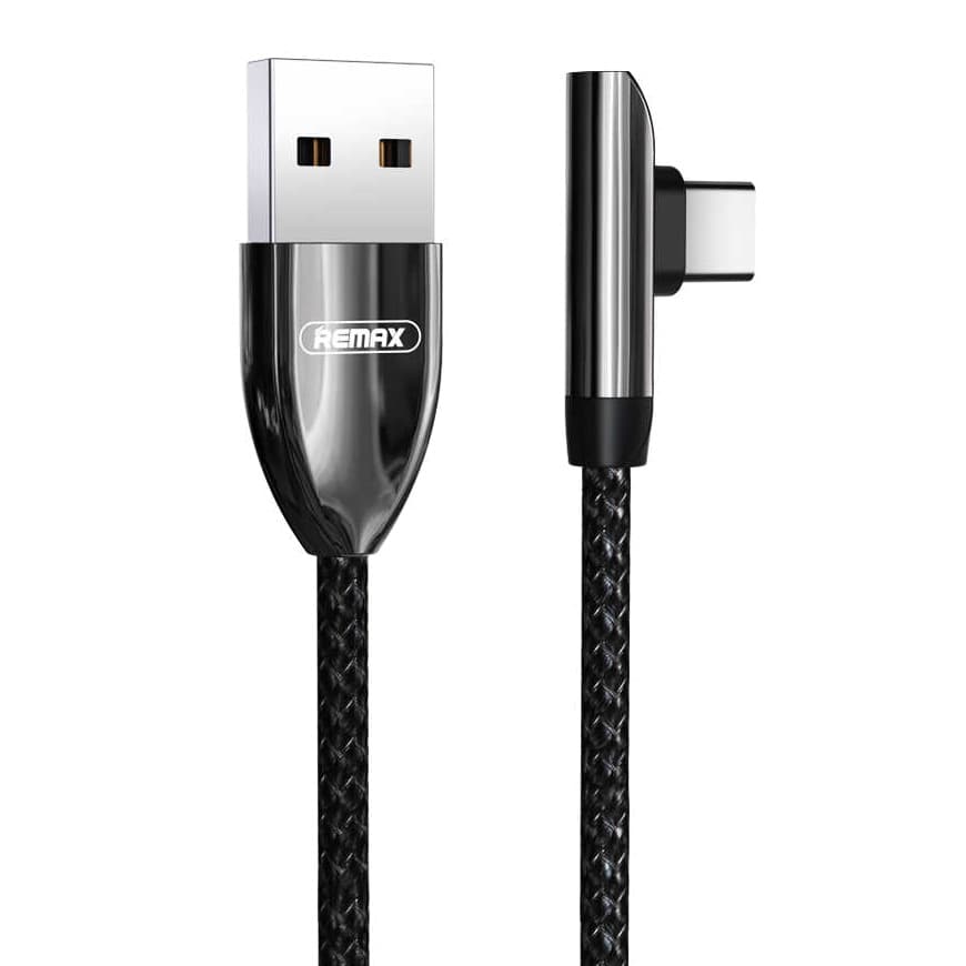 کابل دیتای خمیده و فست شارژ USB-C ریمکس با شدت جریان 2.4 آمپر مدل 90Degree RC-103a دارای LED نوری، پوشش بیرونی کنفی بافته شده و تقویت شده ضد گره طول 1 متر