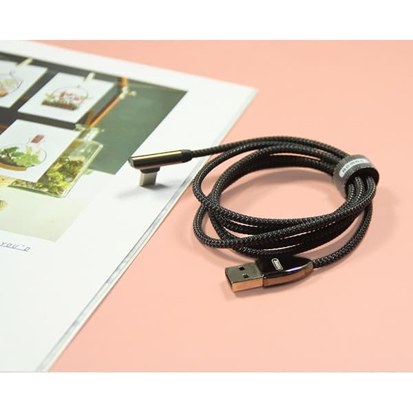 کابل دیتای خمیده و فست شارژ USB-C ریمکس با شدت جریان 2.4 آمپر مدل 90Degree RC-103a دارای LED نوری، پوشش بیرونی کنفی بافته شده و تقویت شده ضد گره طول 1 متر — تصویر ۳