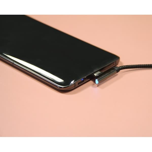 کابل دیتای خمیده و فست شارژ USB-C ریمکس با شدت جریان 2.4 آمپر مدل 90Degree RC-103a دارای LED نوری، پوشش بیرونی کنفی بافته شده و تقویت شده ضد گره طول 1 متر — تصویر ۶