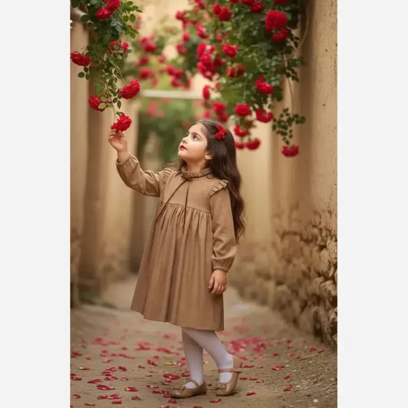 پیراهن مخمل کبریتی دخترانه رنگ کرم مناسب 3 تا 10 سال — تصویر ۲