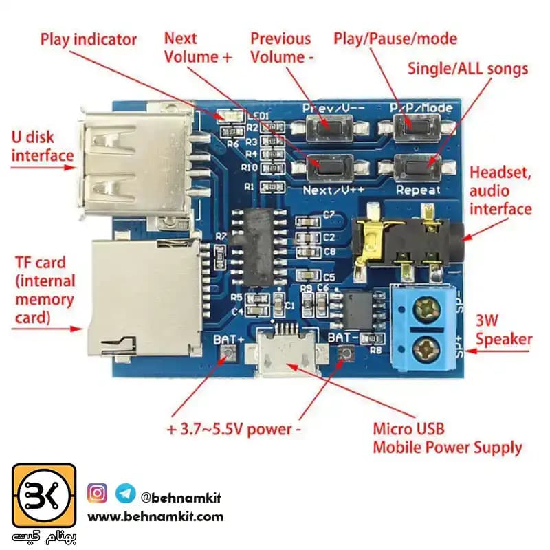 ماژول فلش خور MP3 Player / ولتاژ 5 ولت با امپلی فایر — تصویر ۳
