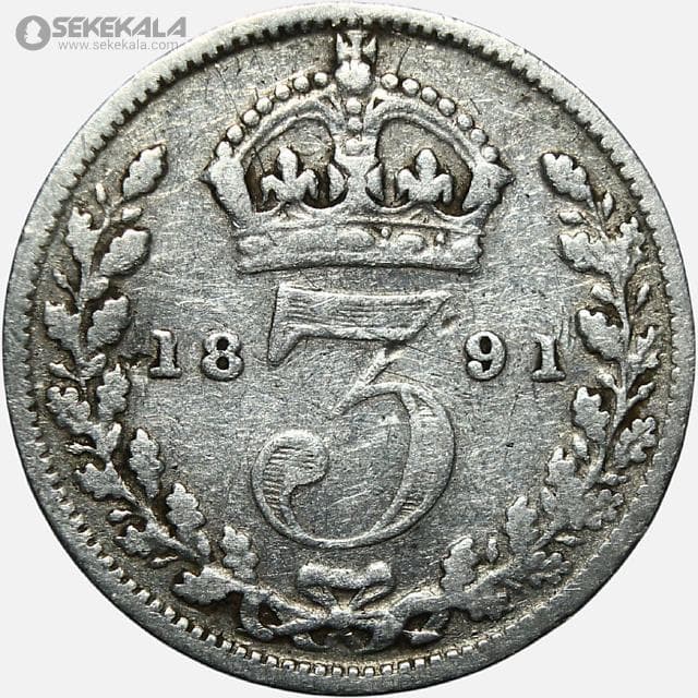 سکه 3 پنس نقره کمیاب انگلیس 1891 (ملکه ویکتوریا) — تصویر ۲