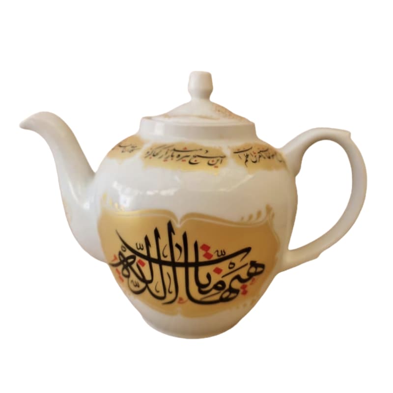 قوری طرح مذهبی 2 لیتری سفید زمینه طلایی هیهات مناالذله کد 104292