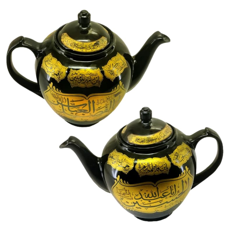 قوری طرح مذهبی 2.5 لیتری مشکی زمینه طلایی السلام علیک یا حسین ع و یا ابالفضل ع کد 104208