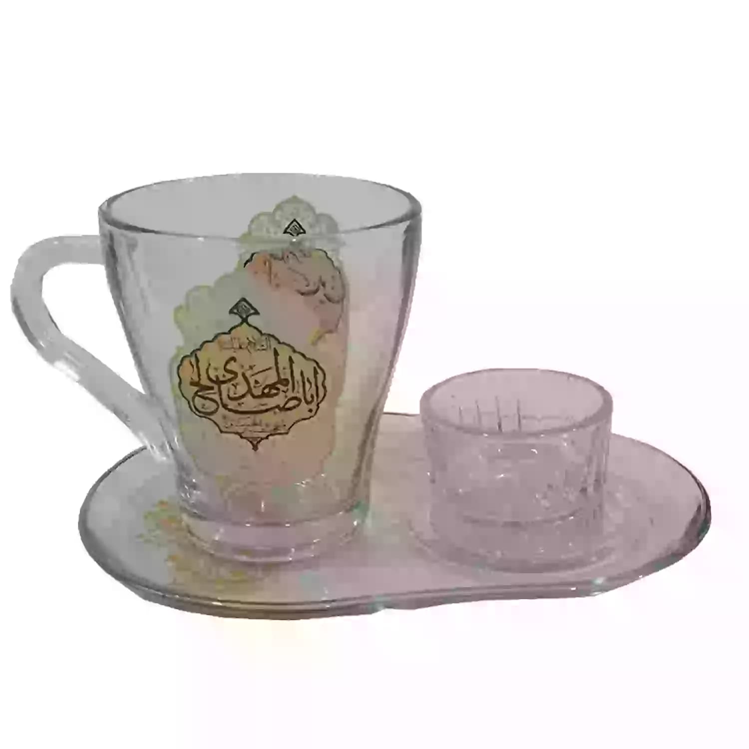 سرویس سه پارچه بلوری قندان و سینی و لیوان دسته دار یا مهدی و آل یاسین-پامنبری هیئت-ست مداح کد 104207