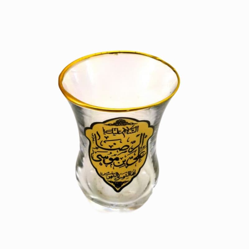 بسته هدیه خیمه-یک عدد استکان و نعلبکی کمرباریک لسلام علیک یا علی بن موسی الرضا ع طرح تذهیب روبان سبز کد 104053 — تصویر ۵