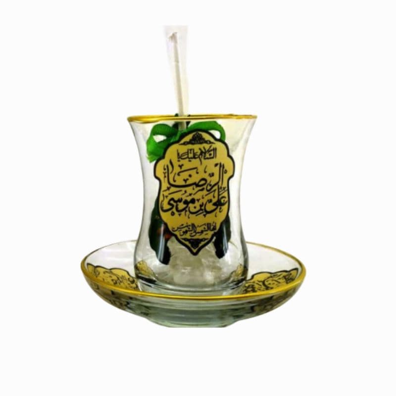 بسته هدیه خیمه-یک عدد استکان و نعلبکی کمرباریک لسلام علیک یا علی بن موسی الرضا ع طرح تذهیب روبان سبز کد 104053 — تصویر ۶