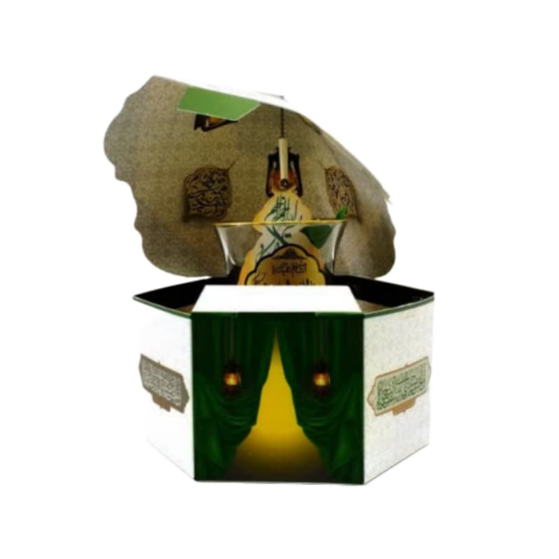 بسته هدیه خیمه-یک عدد استکان و نعلبکی کمرباریک السلام علیک یا اباعبدالله الحسین ع طرح تذهیب-روبان سبز کد 104052 — تصویر ۲