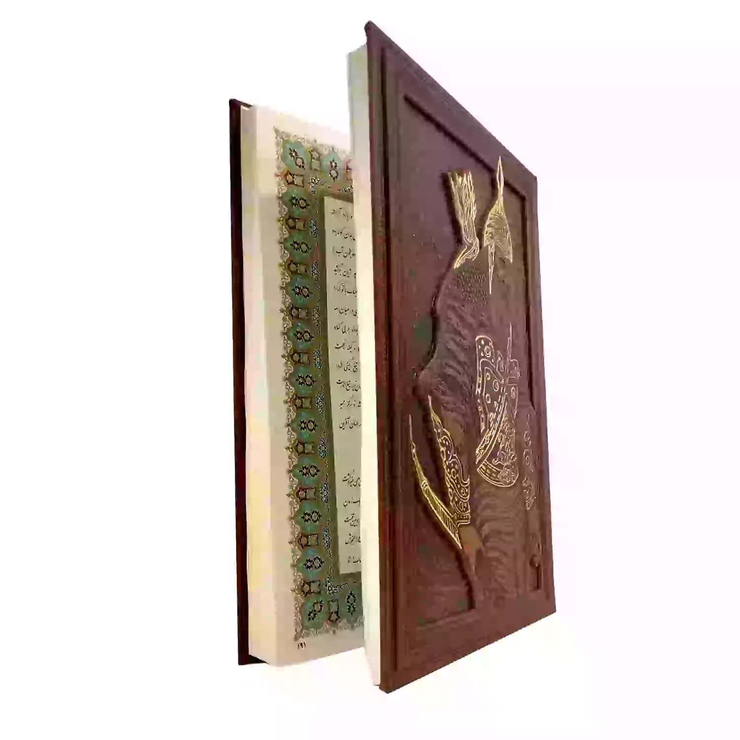 شاهنامه رحلی گلاسه چرم جعبه دار نفیس برجسته طرح رستم کد 125731 — تصویر ۲