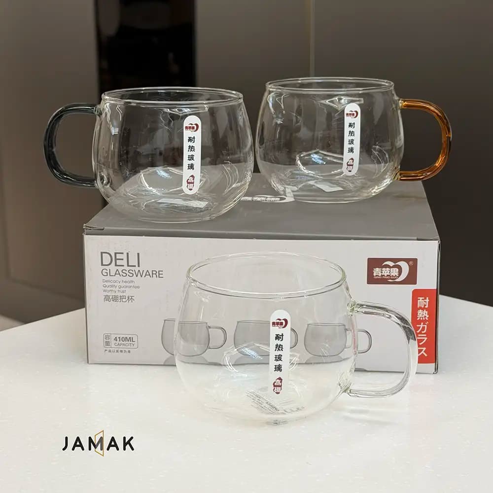 ماگ شیشه‌ای پیرکس دسته رنگی Deli Glassware – یک عددی