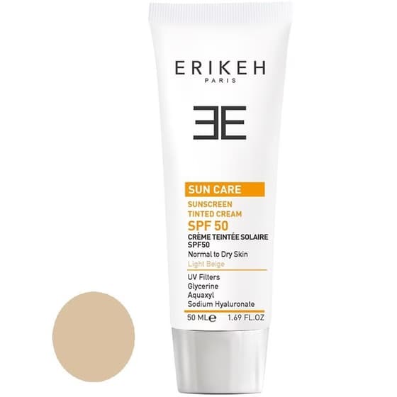 کرم ضد آفتاب رنگی اریکه ERIKEH رنگ بژ روشن فاقد چربی SPF50 حجم 50 میلی لیتر