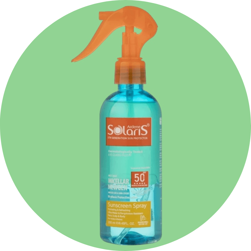 لوسیون ضد آفتاب دوفاز بدون رنگ آردن سولاریس SPF50 مدل Newgen حجم 250 میل/Ardene Solaris Micellar Newgen Sunscreen Spray SPF50