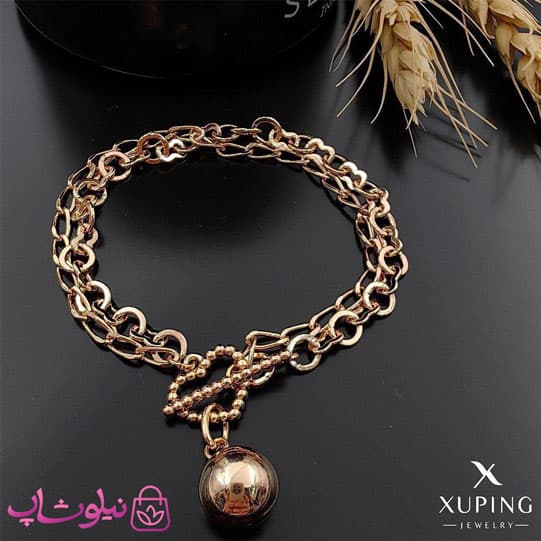 دستبند زنانه ژوپینگ زنجیری دو ردیفه مدل قلب و گوی کد 1210