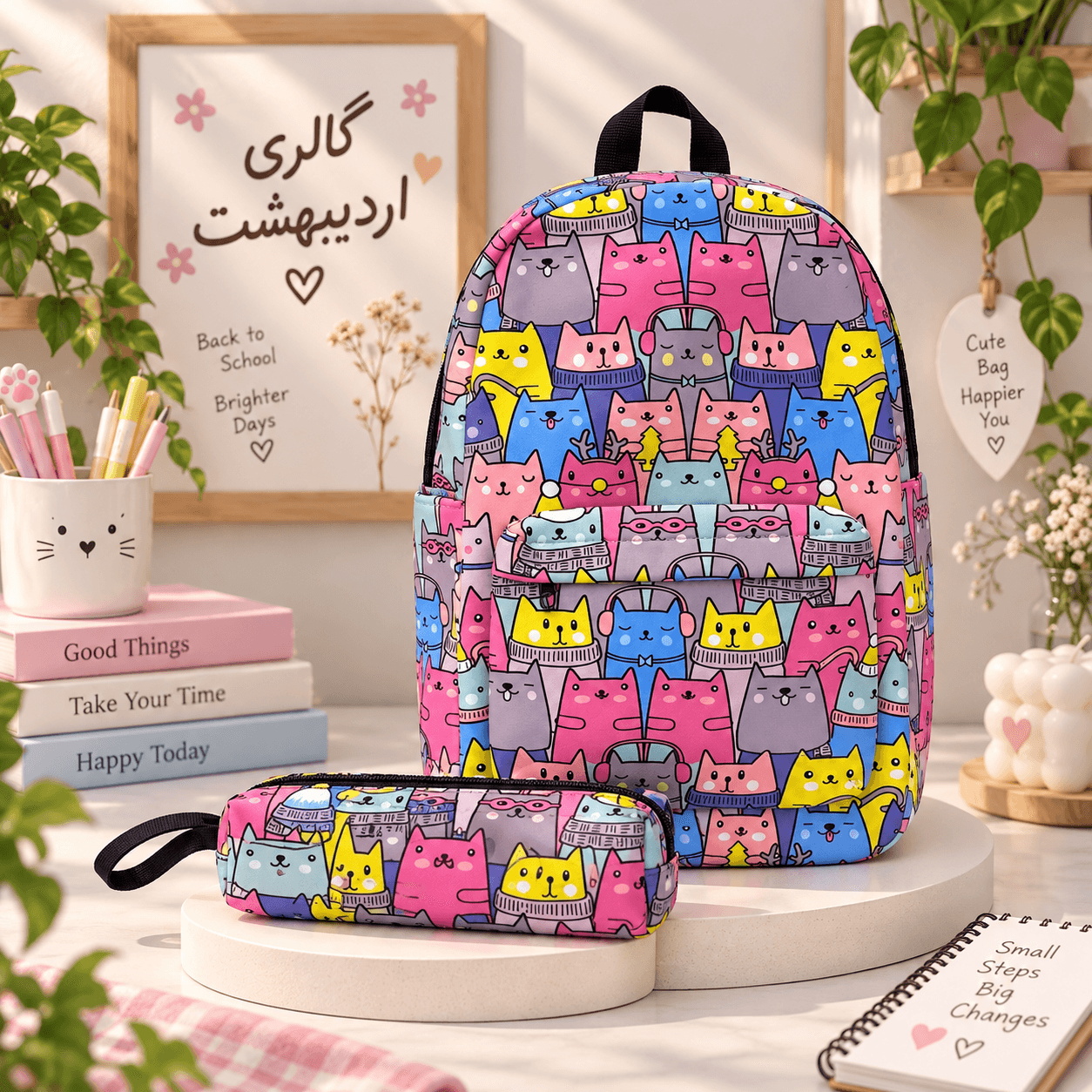ست کوله پشتی و جامدادی گربه رنگی رنگی تیره — تصویر ۲