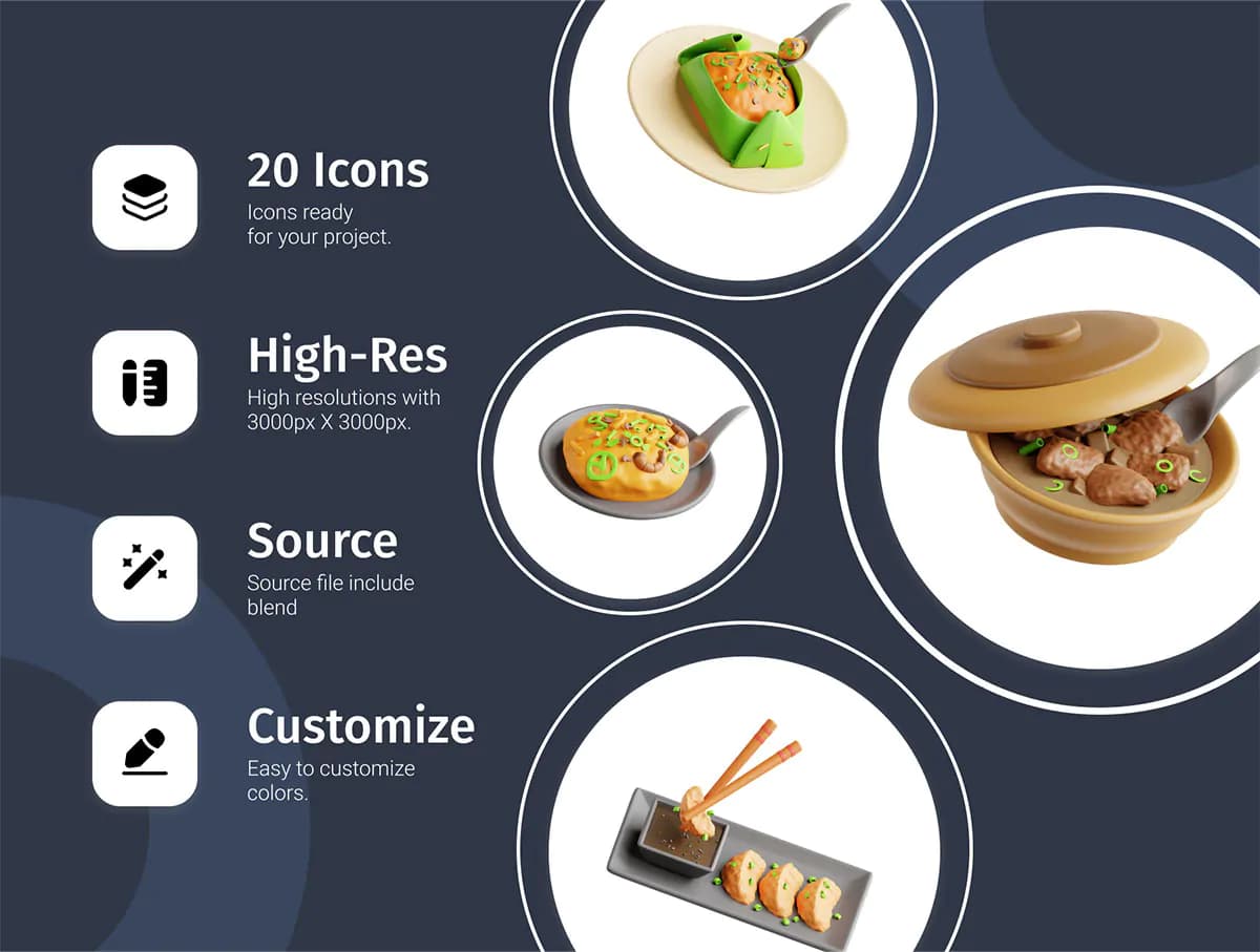 20 آیکون غذای آسیایی 3D — تصویر ۲