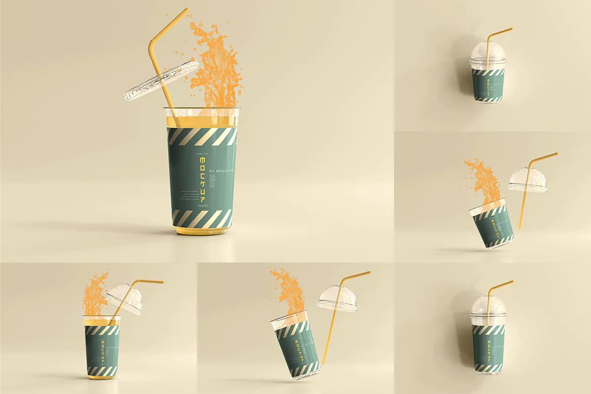 موکاپ لیوان آبمیوه پلاستیکی نی دار با درب گرد
