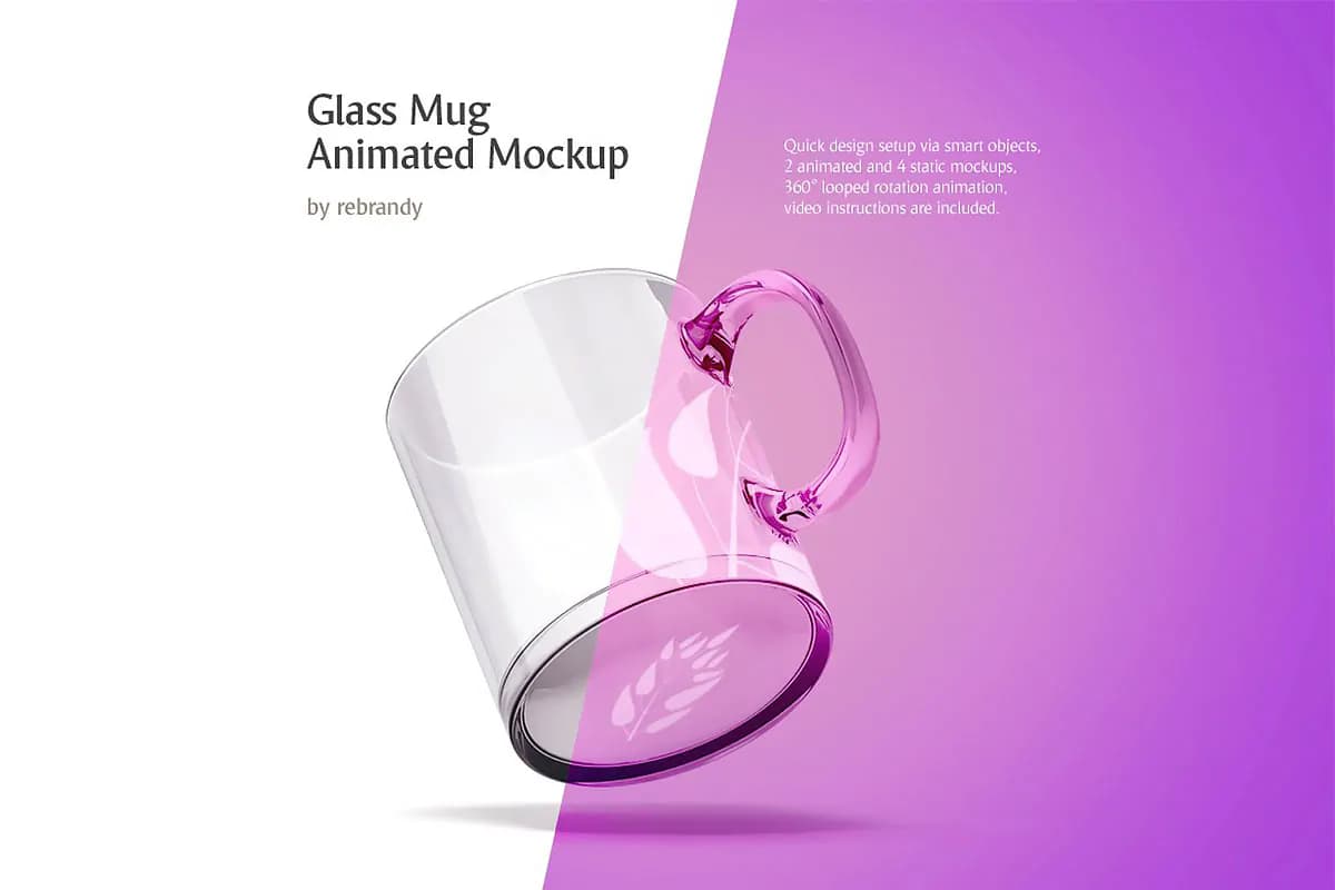 6 موکاپ لیوان شیشه ای دسته دار متحرک 360 درجه