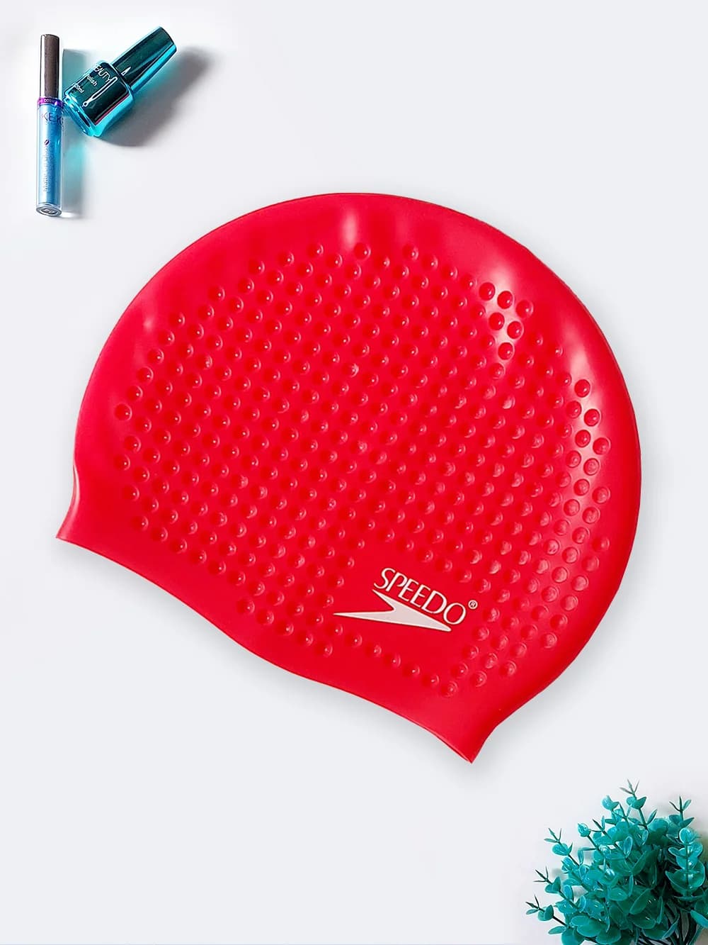 کلاه استخر و شنا زنانه سیلیکونی مارک اسپیدو ( Speedo ) طرح توپی قرمز رنگ