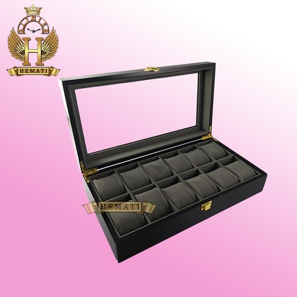 جعبه ساعت لوکس کلکسیونی چوبی 12تایی BOXL12108 (مشکی داخل طوسی) — تصویر ۶