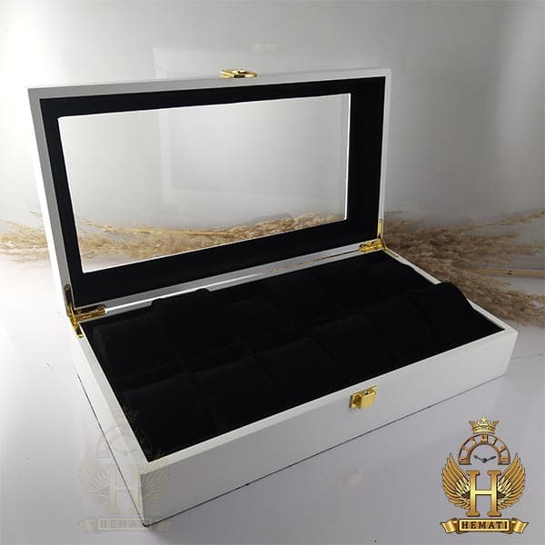 جعبه ساعت لوکس کلکسیونی چوبی 12تایی BOXL12107 (سفید داخل مشکی) — تصویر ۲