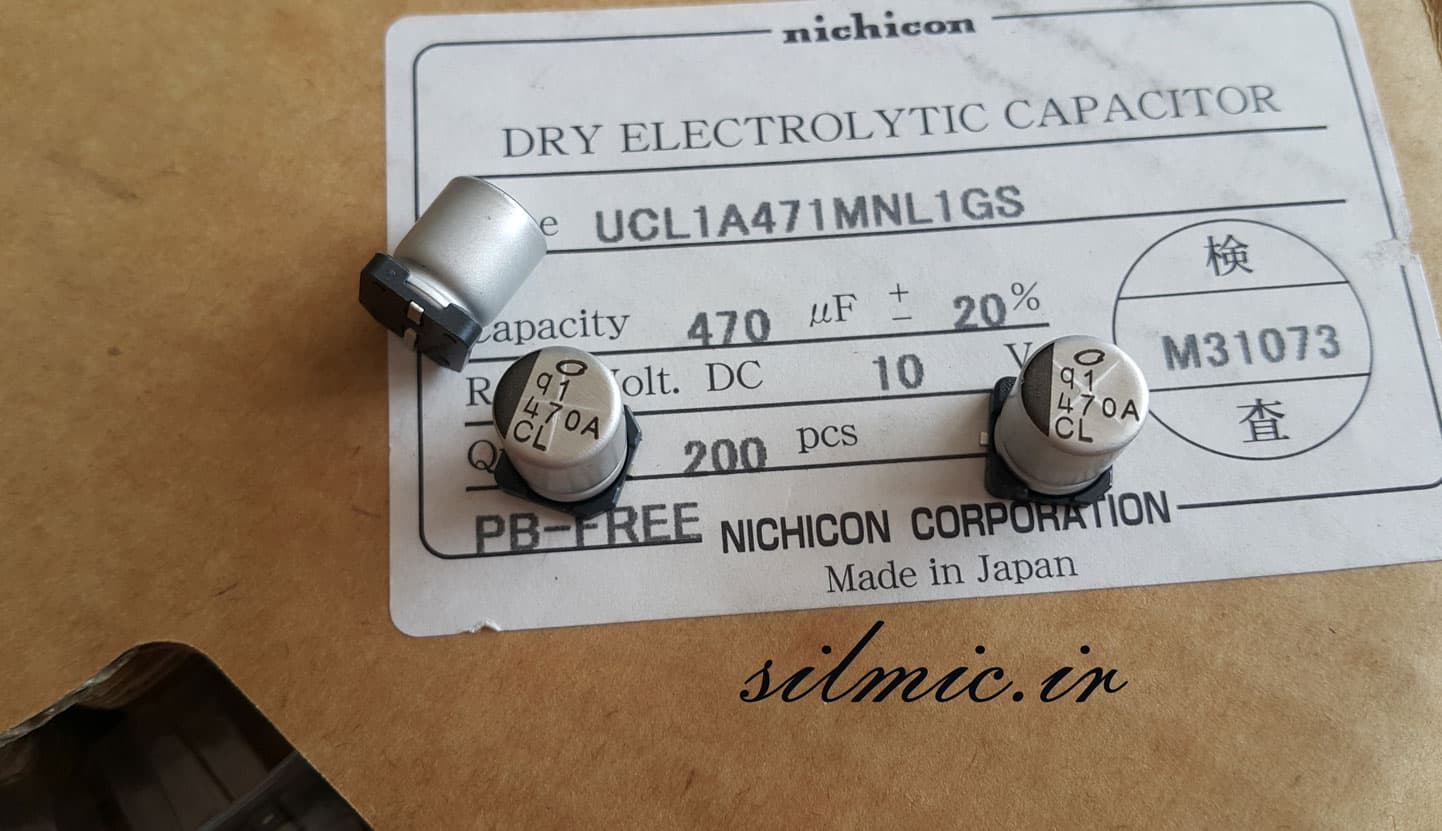 خازن 470 میکرو فاراد 10 ولت smd ساخت nichicon ژاپن سری ucl امپدانس پایین — تصویر ۲