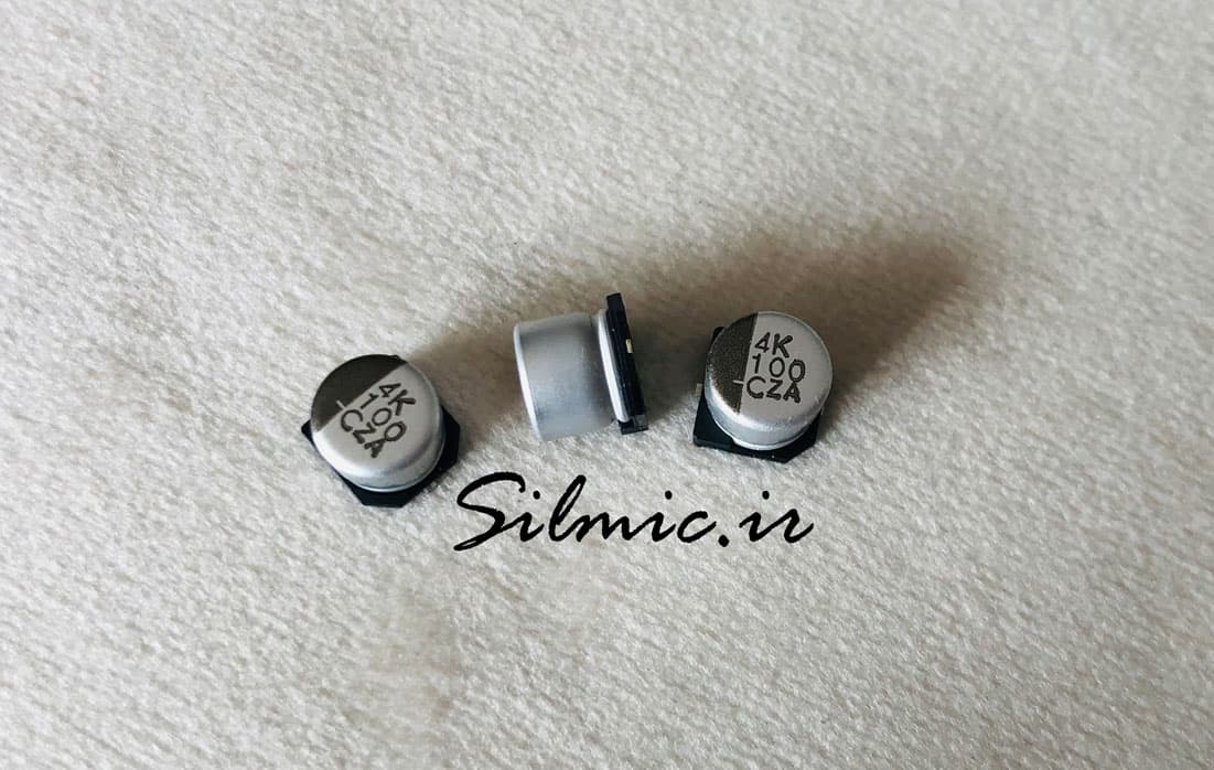 خازن 100 میکرو فاراد 16 ولت smd ساخت nippon ژاپن سری MZA امپدانس پایین — تصویر ۲