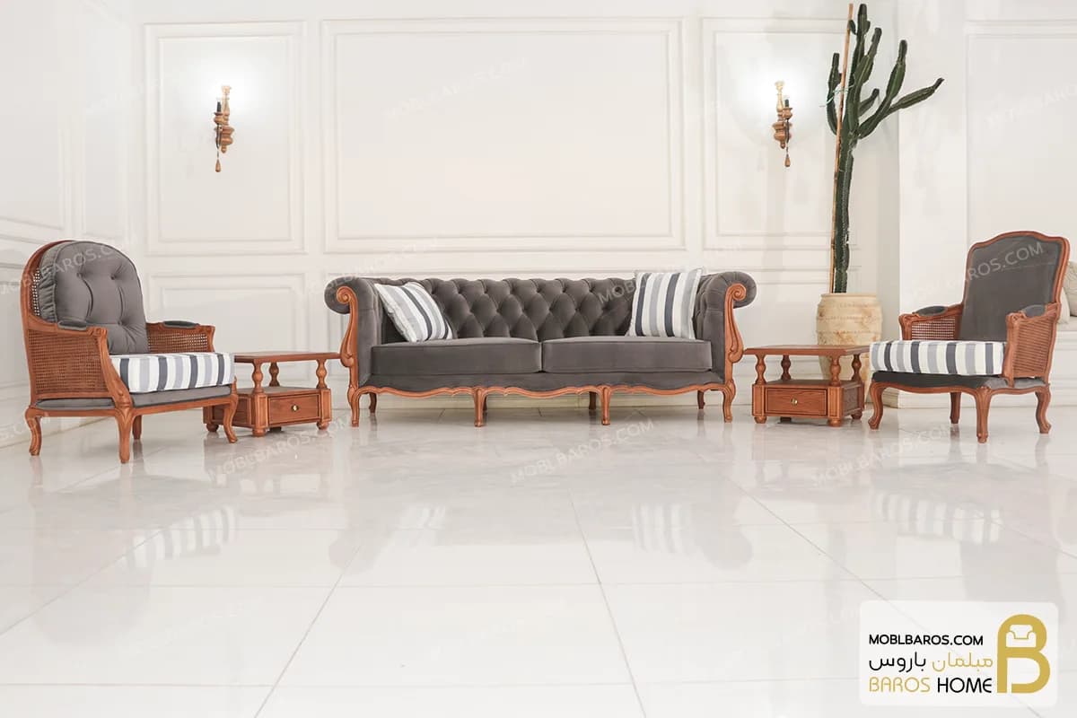 مبل ۸ نفره کلاسیک گندم و مبل چستر نیکا و روما و فرانسوی