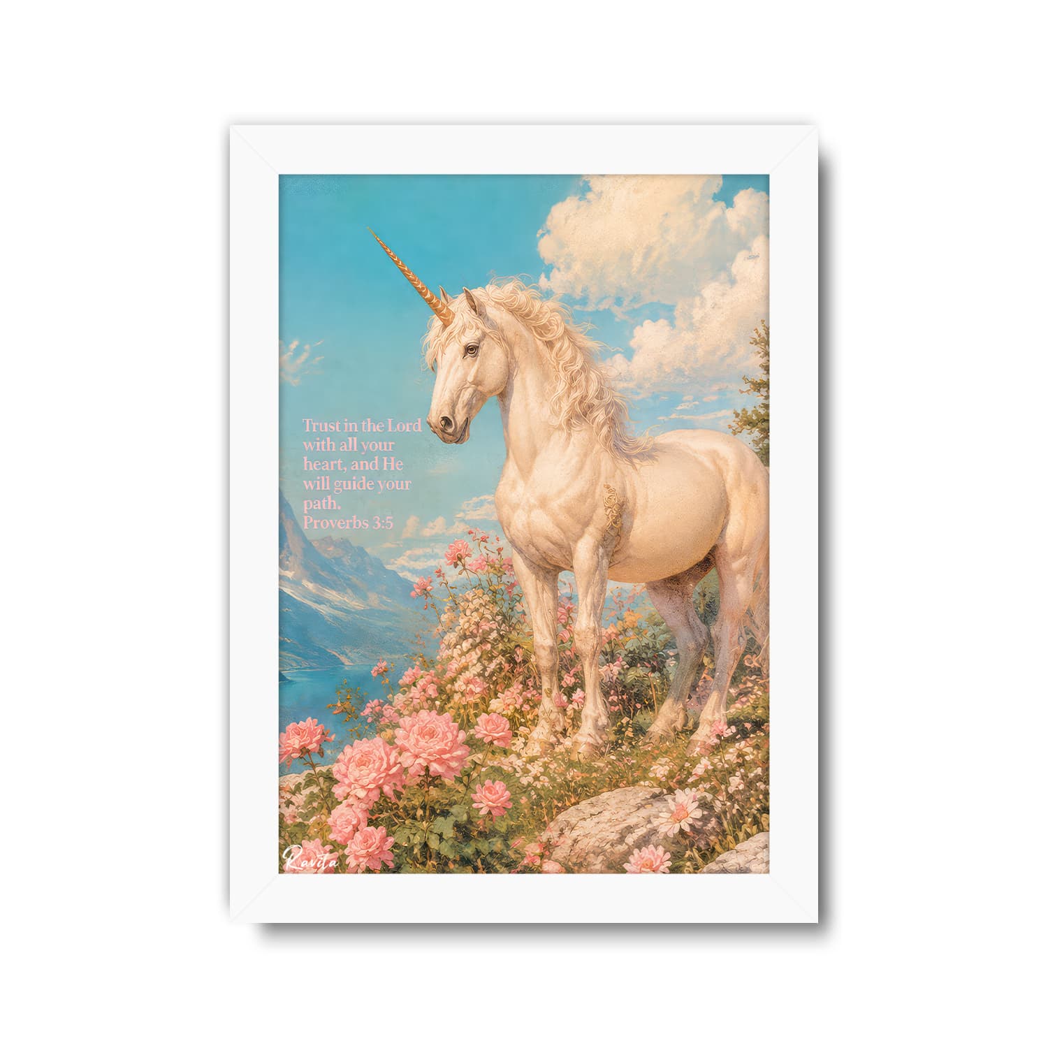 تابلو تکی راویتا طرح اسب تک‌شاخ در باغ گل ها – Unicorn in the Flower Garden کد 3964