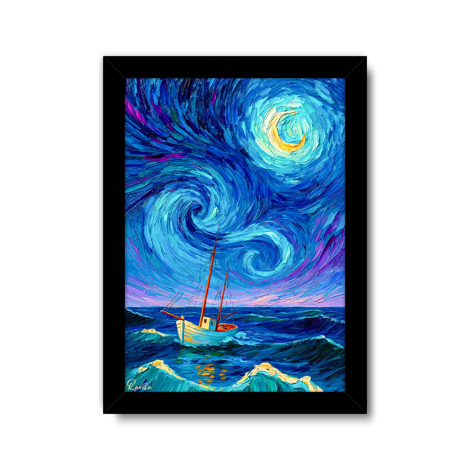 تابلو تکی راویتا طرح قایق زیر آسمان شب پرستاره – Boat Under the Starry Night کد 3958 — تصویر ۳