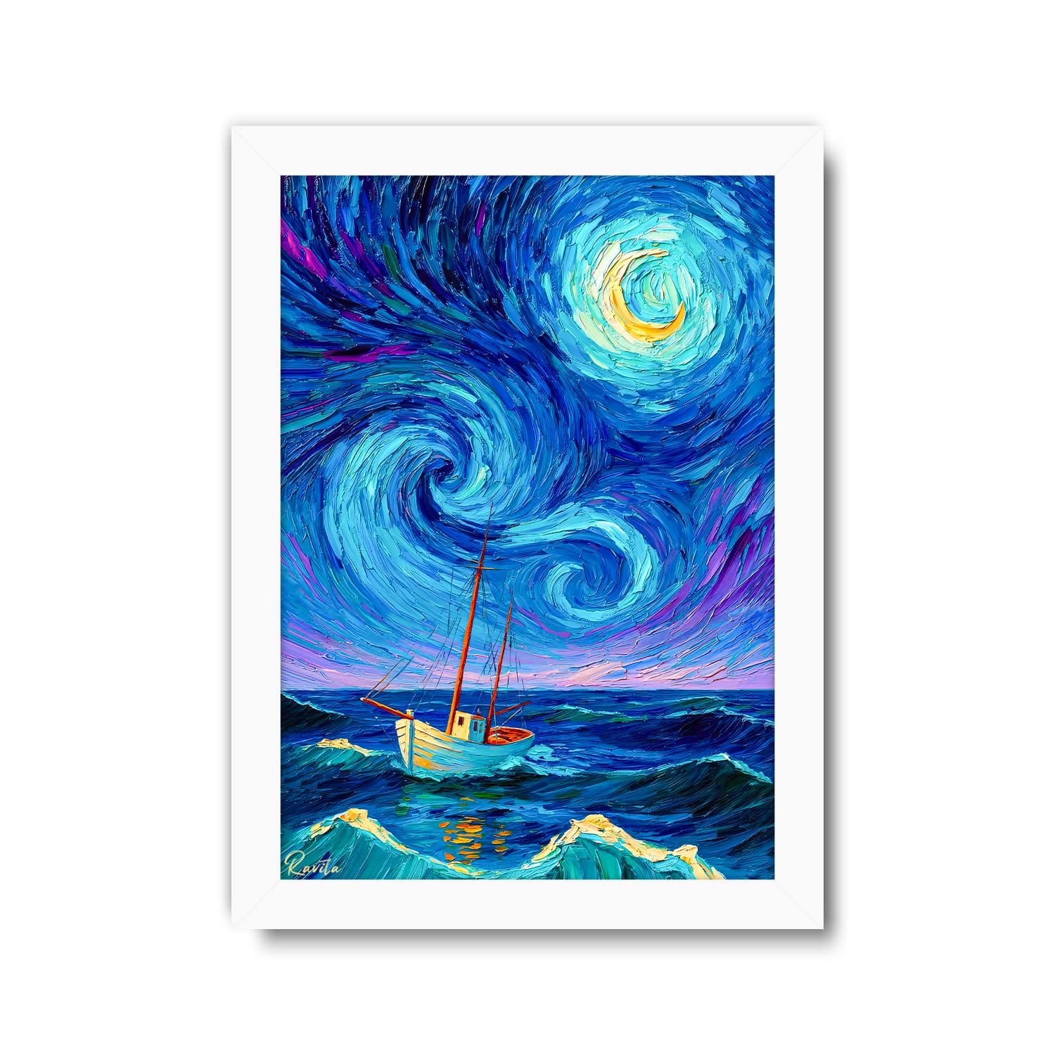 تابلو تکی راویتا طرح قایق زیر آسمان شب پرستاره – Boat Under the Starry Night کد 3958