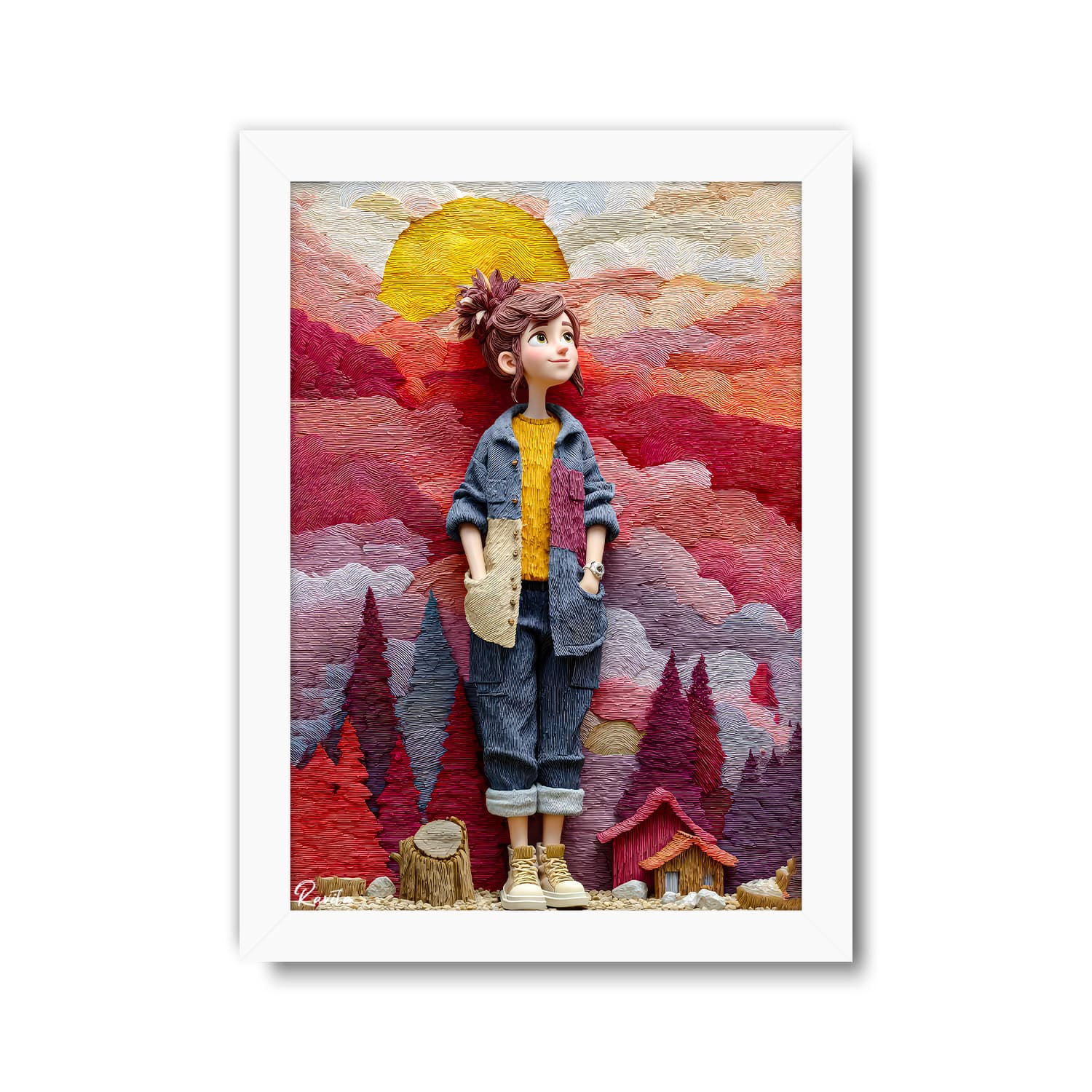 تابلو تکی راویتا طرح دختر در غروب جنگل رنگی – Girl in a Colorful Forest Sunset کد 3955